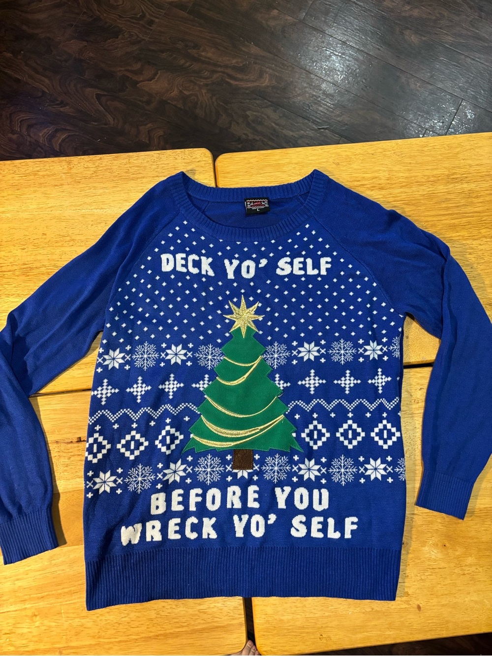 Blue Holiday Sweater with Green Christmas Tree